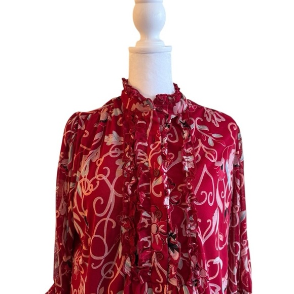 NY Collection Red Ruffle Floral Blouse Size Large - Picture 2 of 6